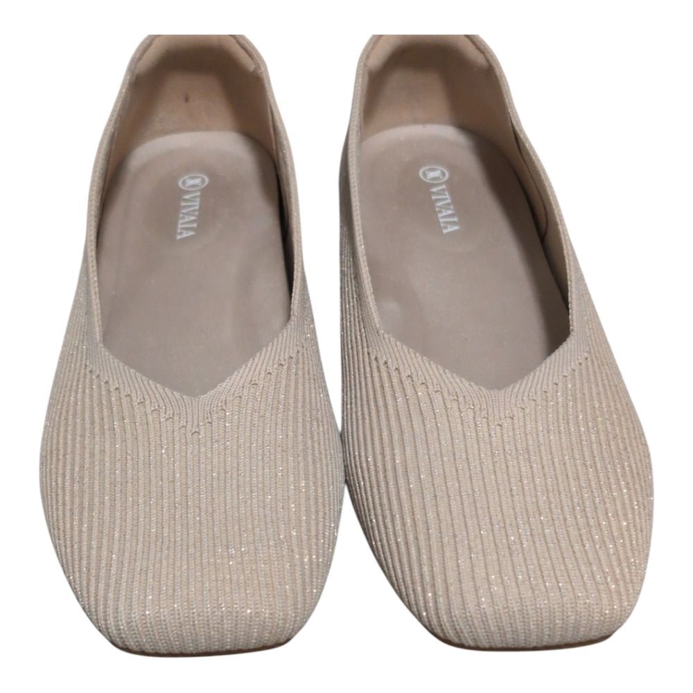 Vivaia Margot Square-Toe V-Cut knit flat oatmilk color gold specs size size 42 /